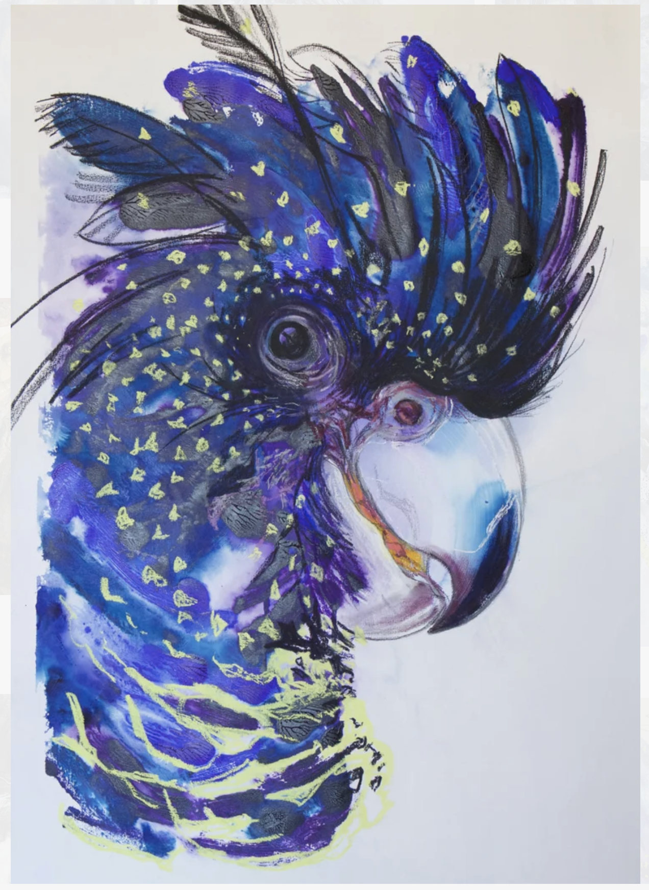Abstract watercolor painting of a bird, primarily in blue and purple tones with yellow highlights.