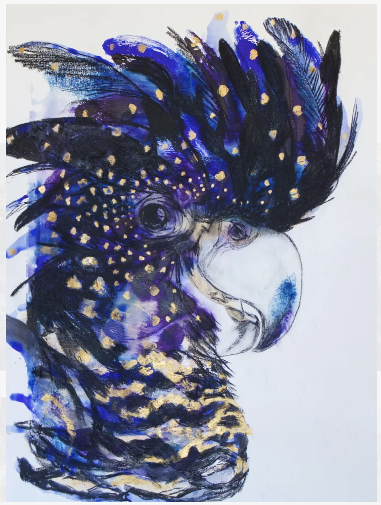 Watercolor painting of a bird with blue and black feathers accented with gold spots, perched with its beak pointed downward.
