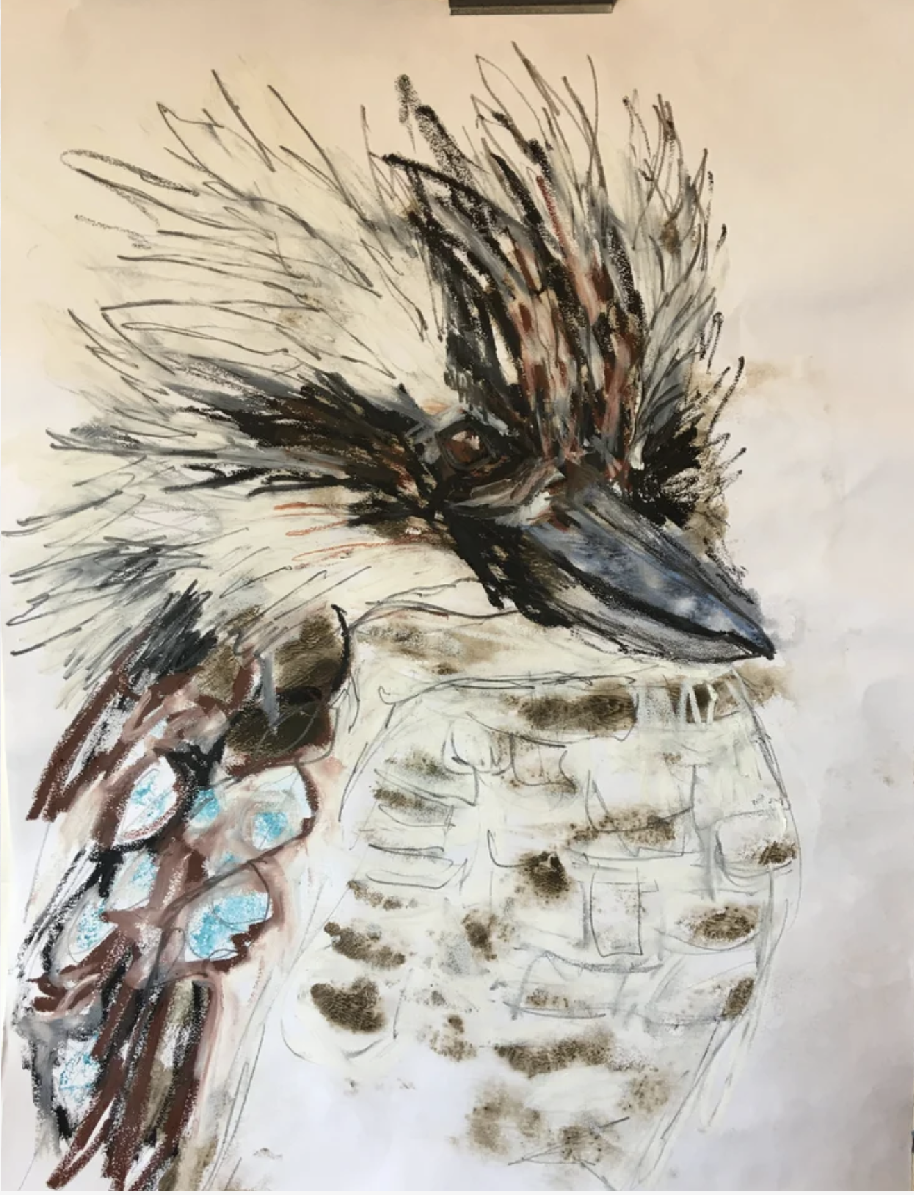 A mixed media artwork of a person holding a large bird's feather in front of their face, with some sketches of a human figure and the bird's wing visible in the background.