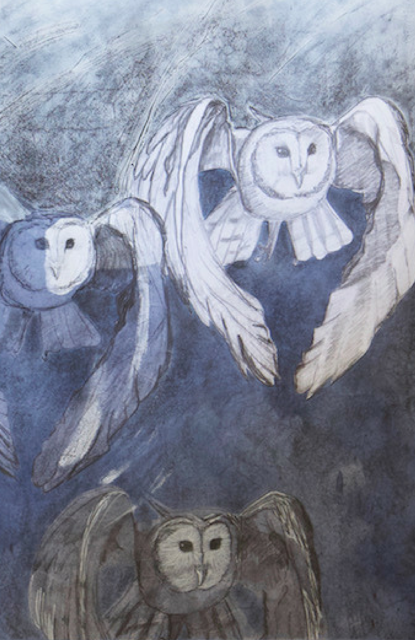 Sketch of an owl with large eyes and wings, with a smaller owl on each side, drawn with pencil on textured paper.