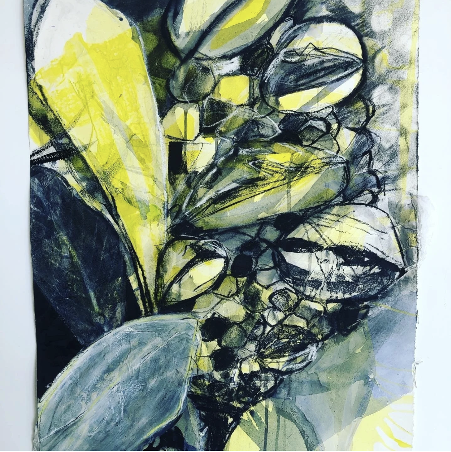 Abstract painting of green and black leaves with yellow accents.
