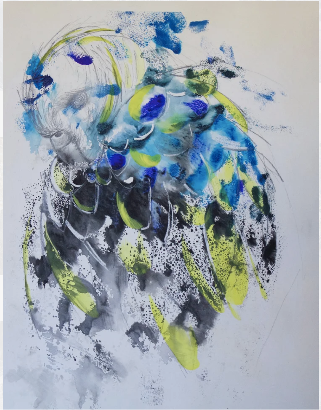 Abstract watercolor painting featuring shades of blue, green, yellow, black, and gray with fluid and splattered effects.