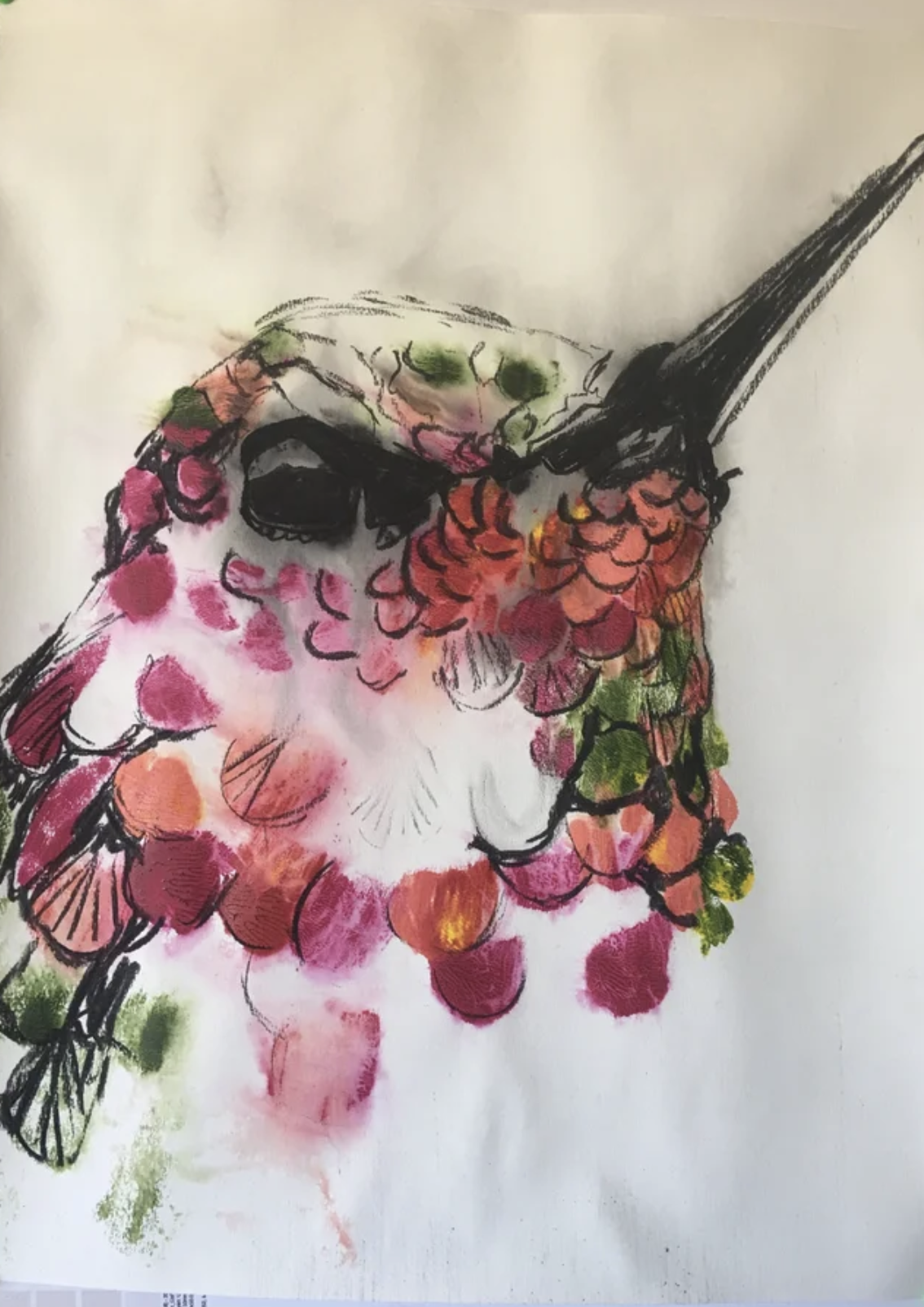 A colorful artistic illustration of a hummingbird with red, pink, orange, and green feathers, created with watercolor and ink.