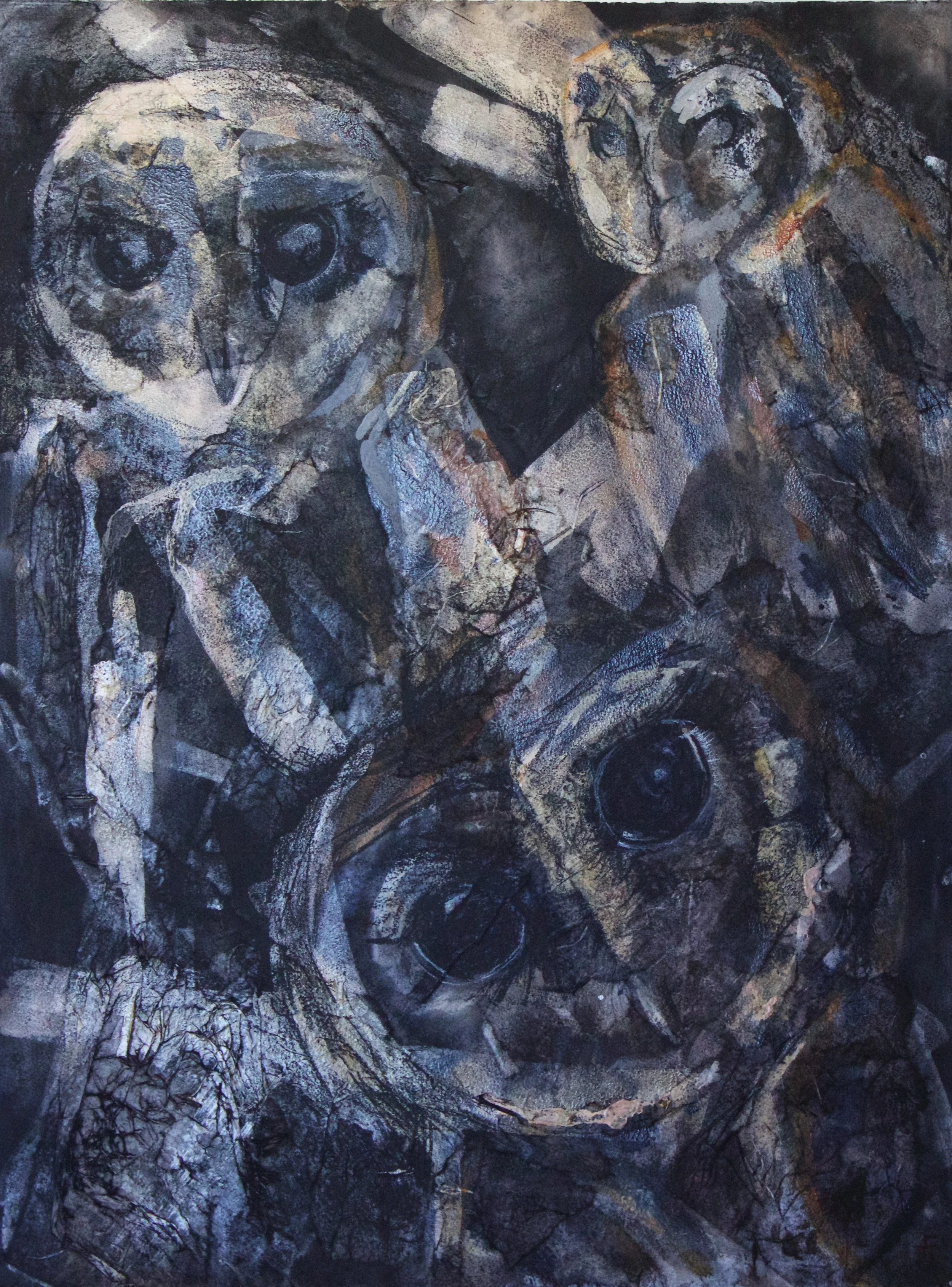 Abstract painting with dark tones, swirling patterns, and textured appearance, resembling a chaotic scene with dark messages.