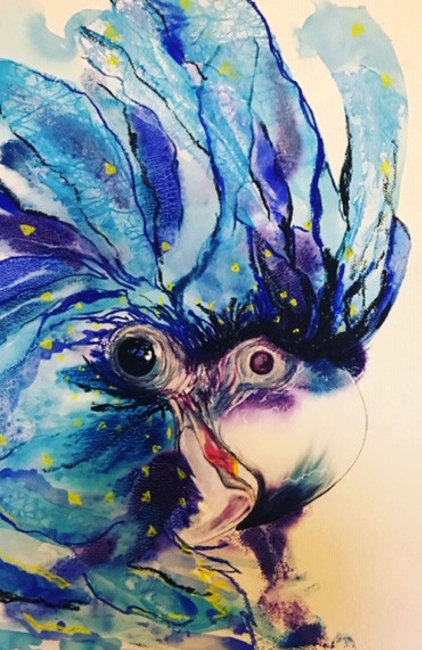 A watercolor-style painting of a whimsical girl with large, expressive eyes and colorful, flowing hair in shades of blue and purple, adorned with small yellow stars.
