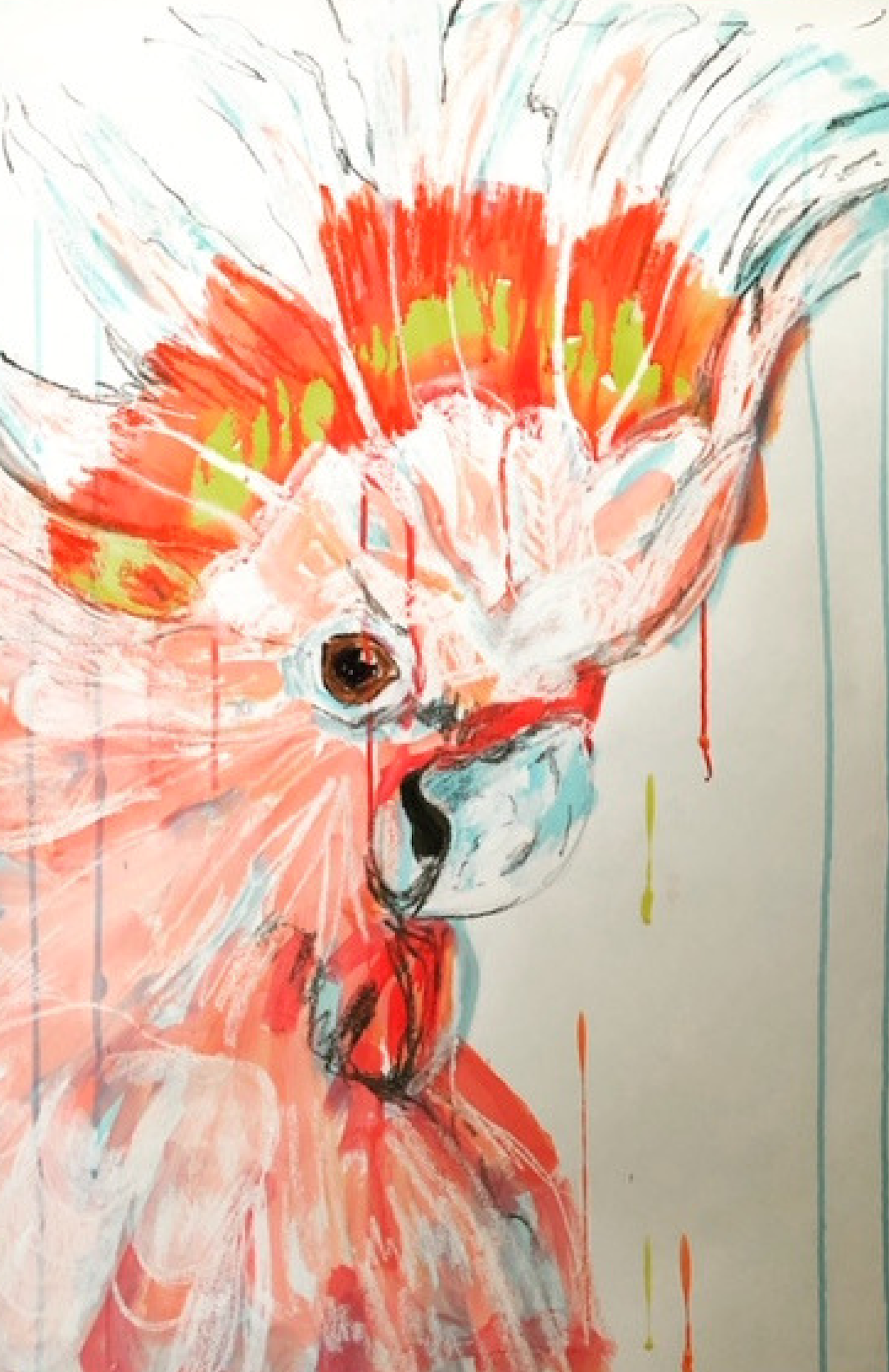 A colorful artistic drawing of a girl with a bun hairstyle, using bold strokes and vibrant colors like red, orange, yellow, and blue.