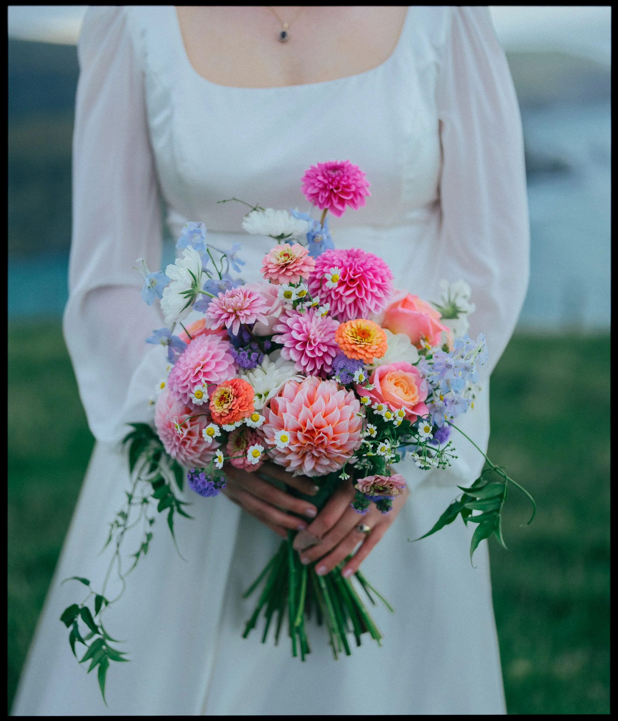 Accrington Farmhouse Wedding, Banks Peninsula, Christchurch, New Zealand. Bride in a white dress holding a bouquet of colourful flowers including pink dahlias, roses, and daisies, with greenery.