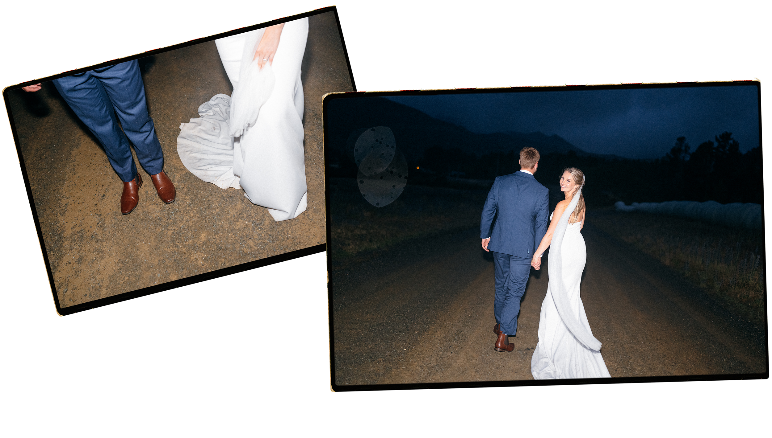 Film + Digital Wedding Photographer Christchurch - Lake Tekapo Wedding, Canterbury, New Zealand. Flash late night photo of bride and groom walking on a gravel road with mountains in the background.