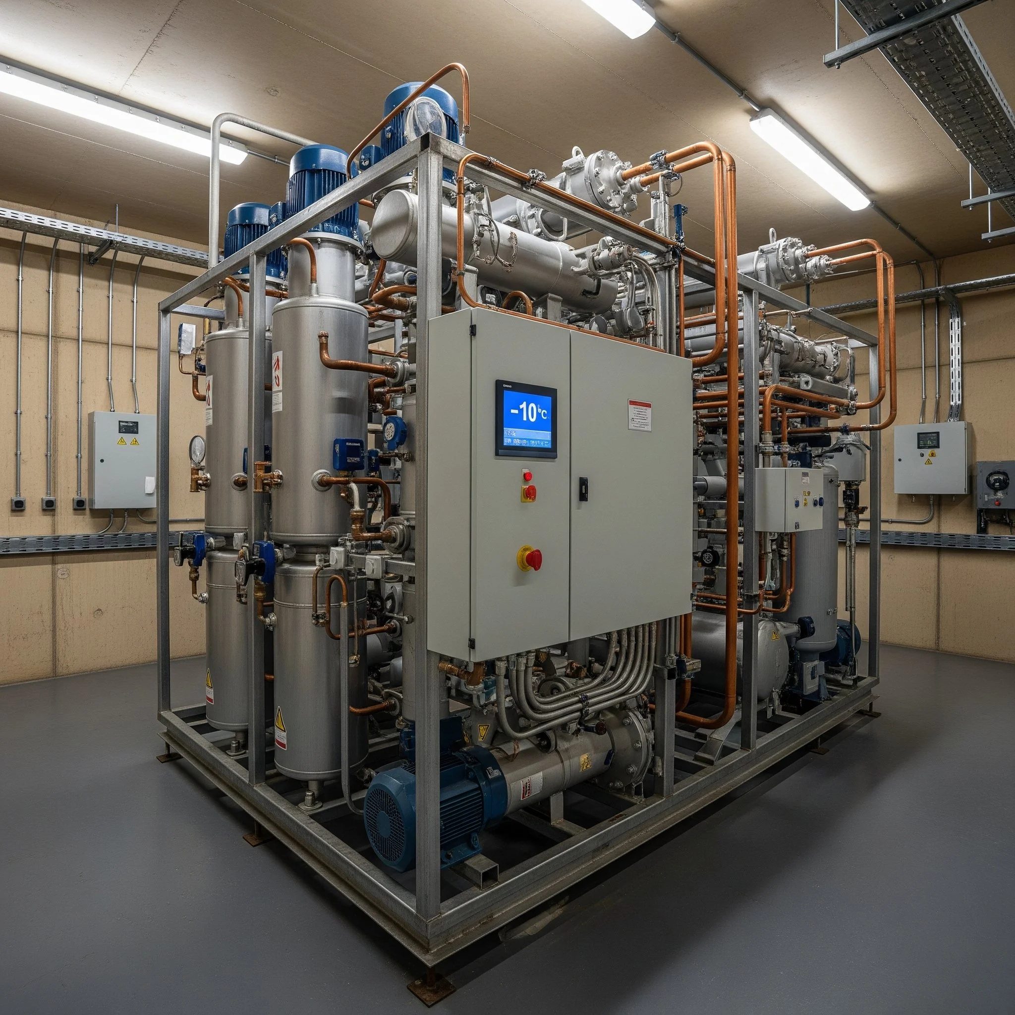 Sistema de refrigeración industrial con tuberías de cobre y acero, y un panel de control digital que muestra -10°C