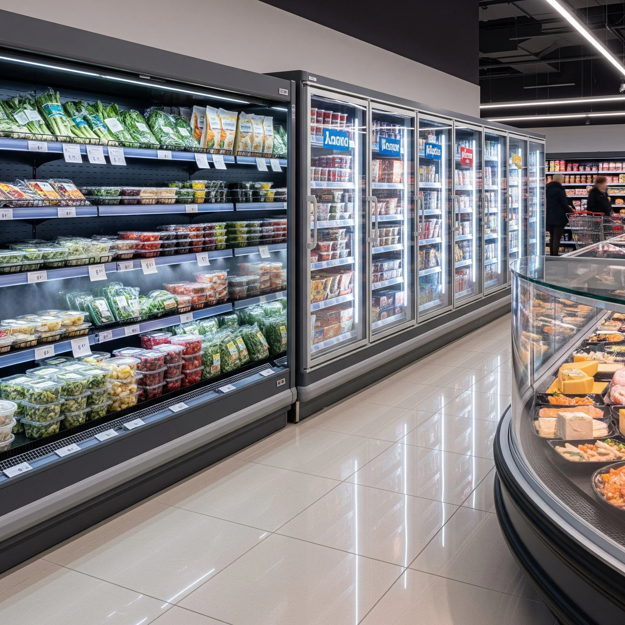 Sección de congelados en un supermercado con verduras, frutas y alimentos envasados, y una zona de productos de charcutería.