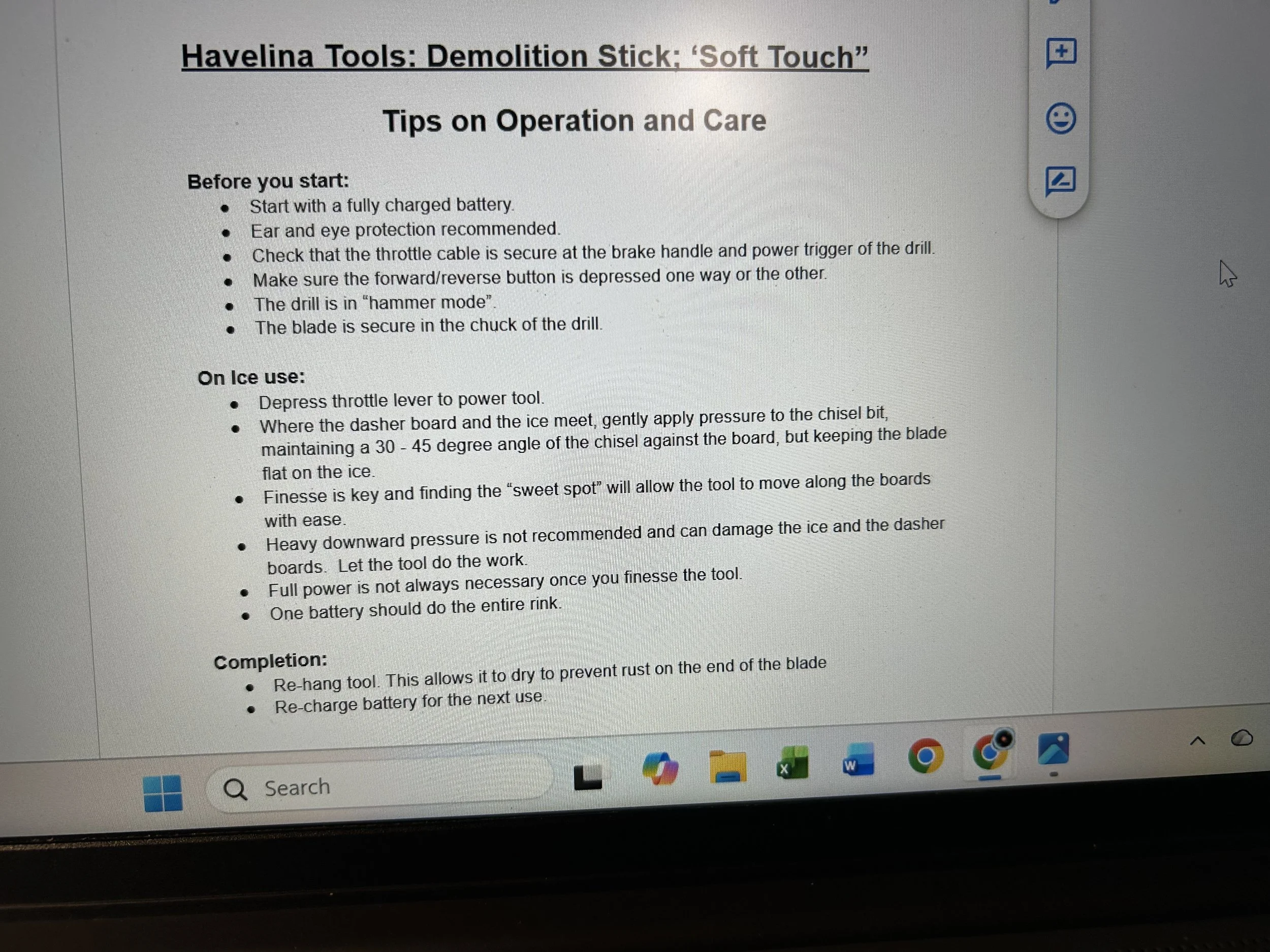 Document titled "Havelina Tools: Demolition Stick- 'Soft Touch'" providing tips on operation and care, including sections on preparing the tool, using it on ice, and completing the task, with bullet points detailing specific instructions.