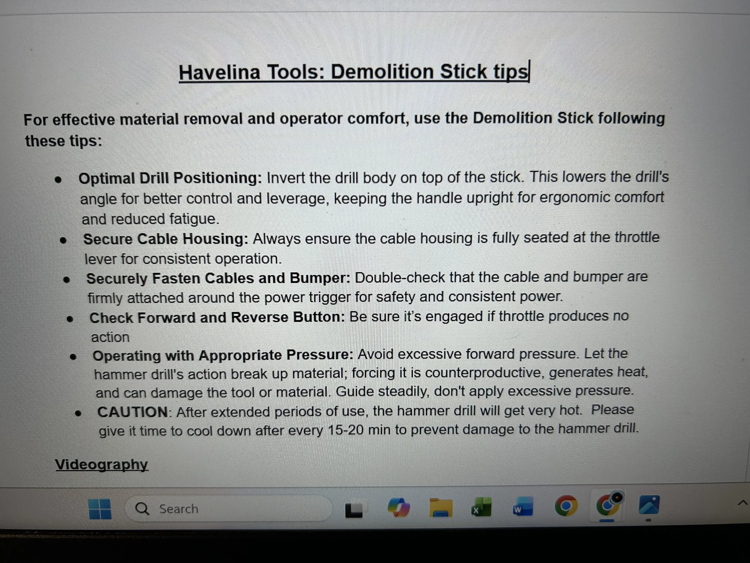 A document titled "Havelina Tools: Demolition Stick tips" with guidelines for using demolition sticks, including tips on drill positioning, cable housing, fastening cables and bumpers, checking buttons, operating pressure, and safety cautions.