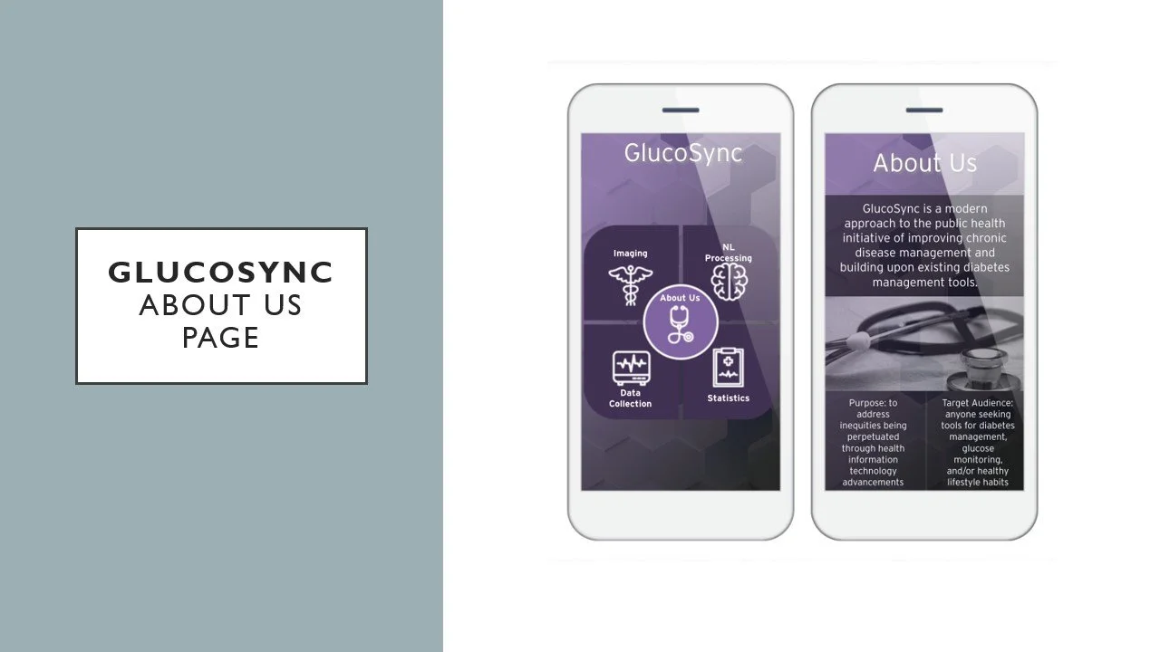 Screenshot of a mobile app or website titled 'GlucoSync' showing sections for 'About Us' and a description of GlucoSync's purpose in health management, with images of smartphones and medical tools.