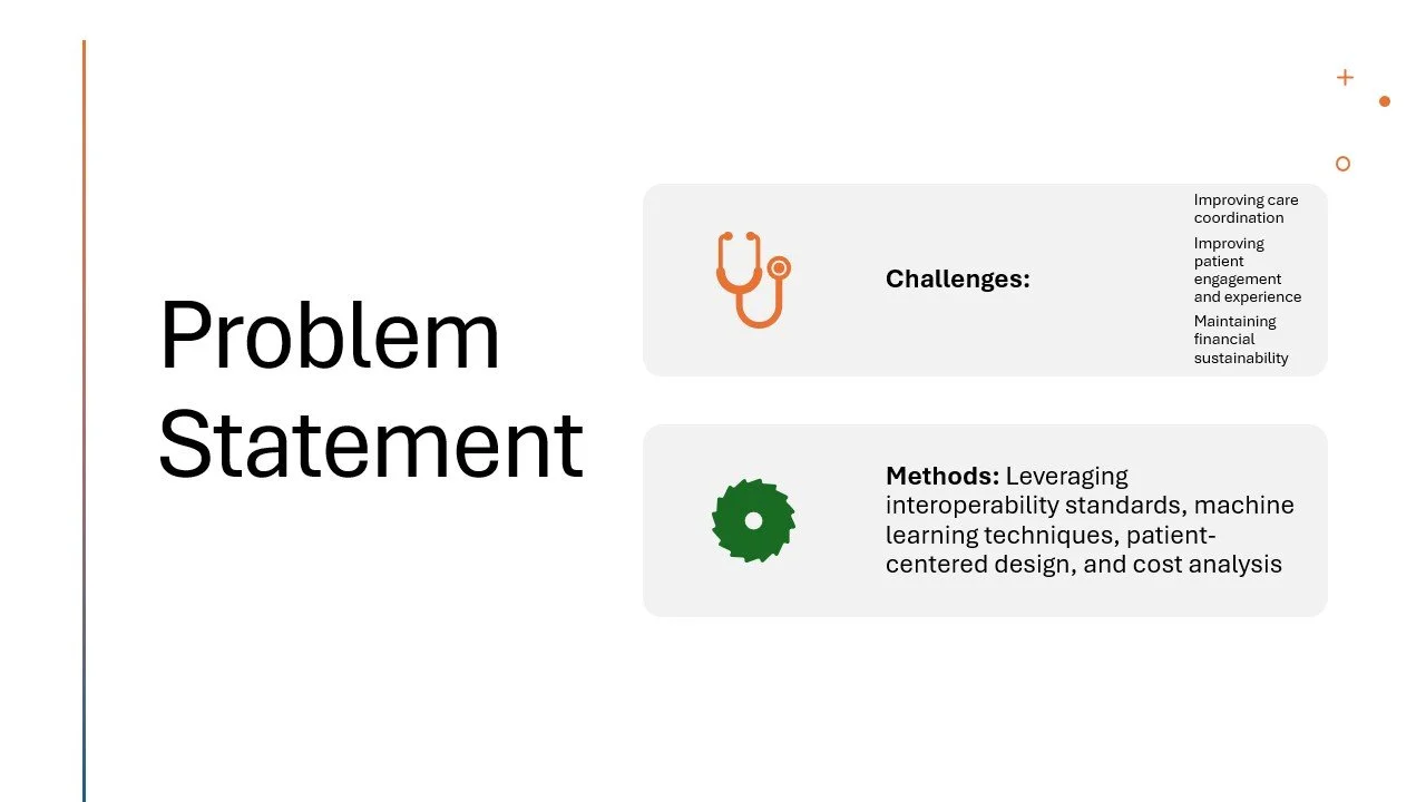 Slide titled 'Problem Statement' with sections on Challenges and Methods, featuring icons of a stethoscope and a green gear.