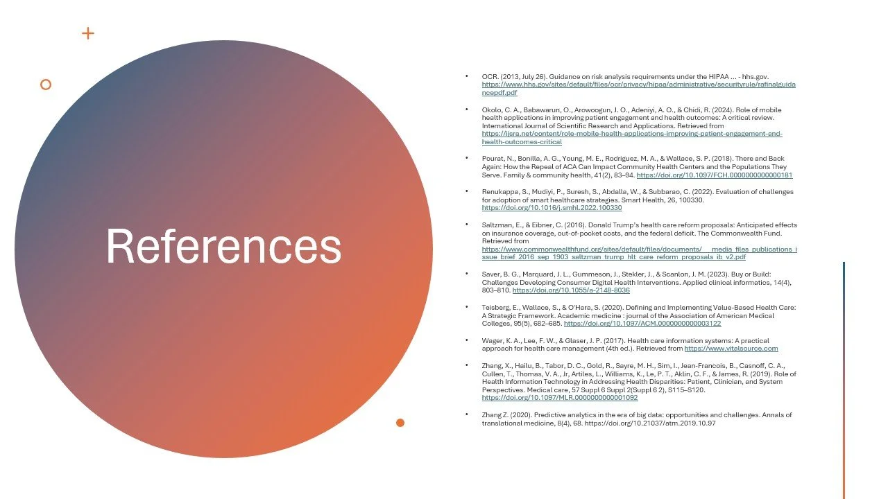 Page with a large, gradient-colored circle containing the word 'References' and a list of academic citations on healthcare topics.