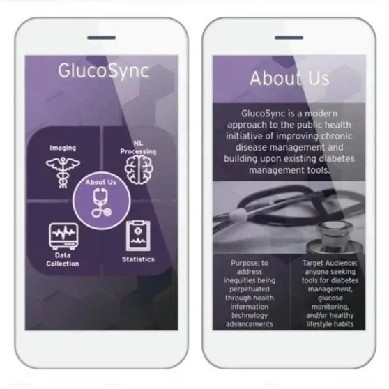 Two smartphones showing an app called GlucoSync, with screens displaying about us information, features like imaging, data collection, statistics, and NL processing, related to diabetes management.