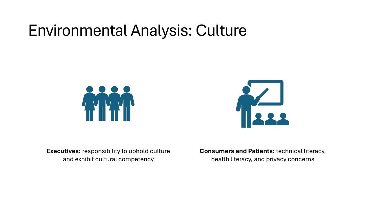 Slide titled 'Environmental Analysis: Culture' with two icons: one of a group of four people labeled 'Executives' describing their responsibility to uphold and exhibit cultural competency, and another of a person pointing to a blackboard with three p
