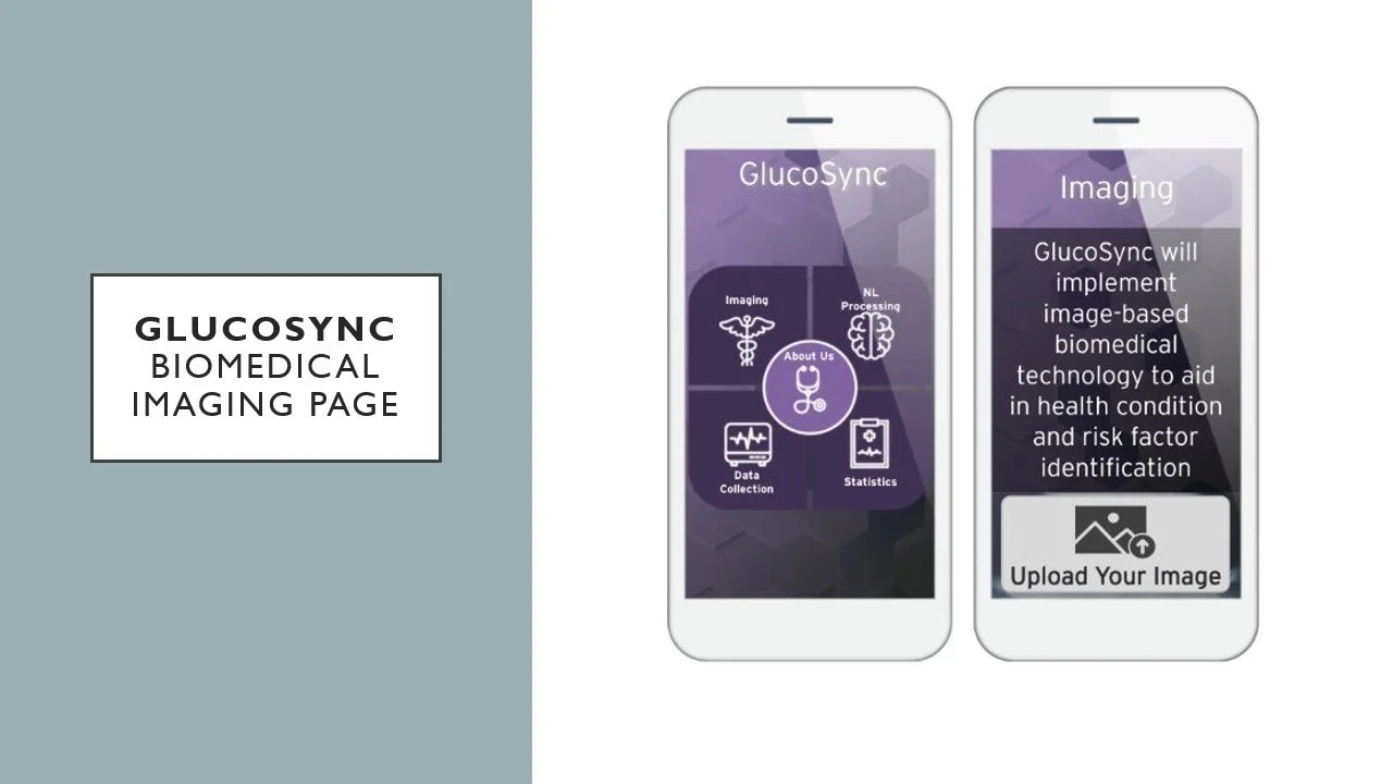 Illustration of two smartphones displaying the GlucoSync app interface, with text explaining medical imaging technology for health condition and risk factor identification, alongside a label for GlucoSync biomedical imaging page.