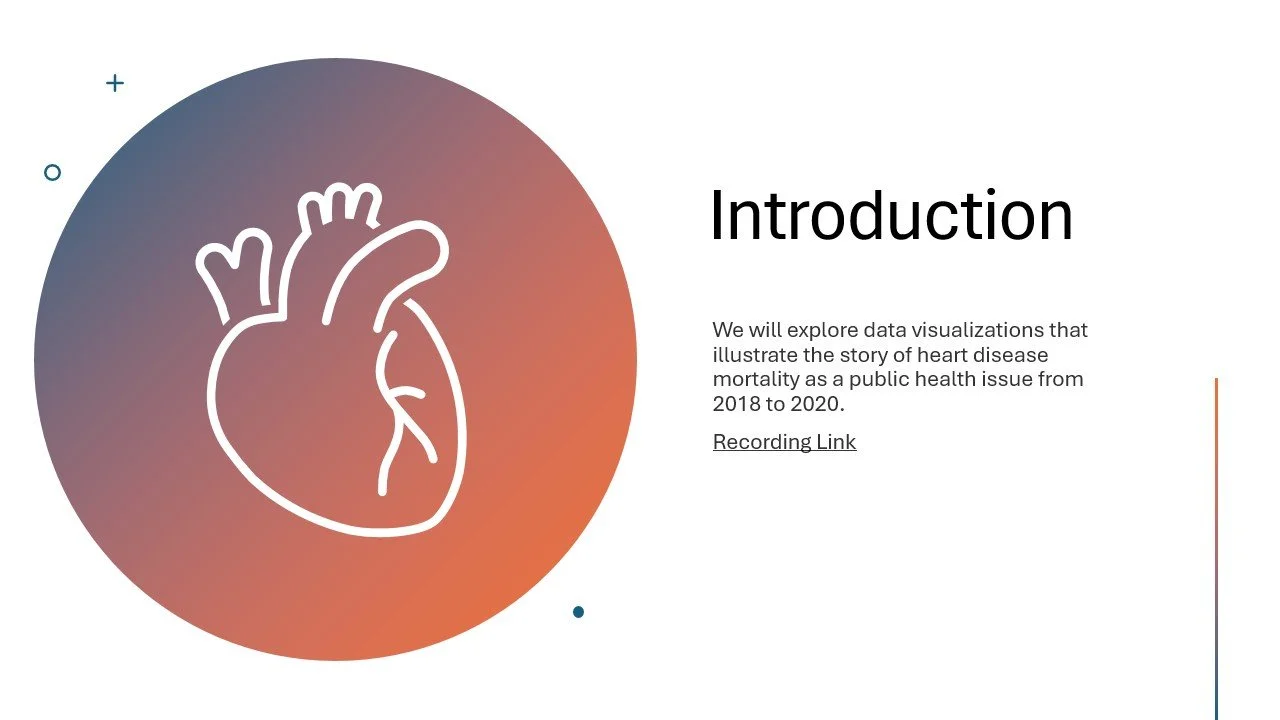 Slide titled 'Introduction' with a stylized line drawing of a human heart inside a circular gradient background, and text exploring data visualizations related to heart disease mortality from 2018 to 2020.