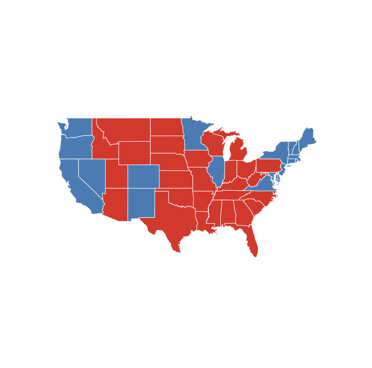 Map of the United States showing some states in red and others in blue, possibly indicating different political regions.