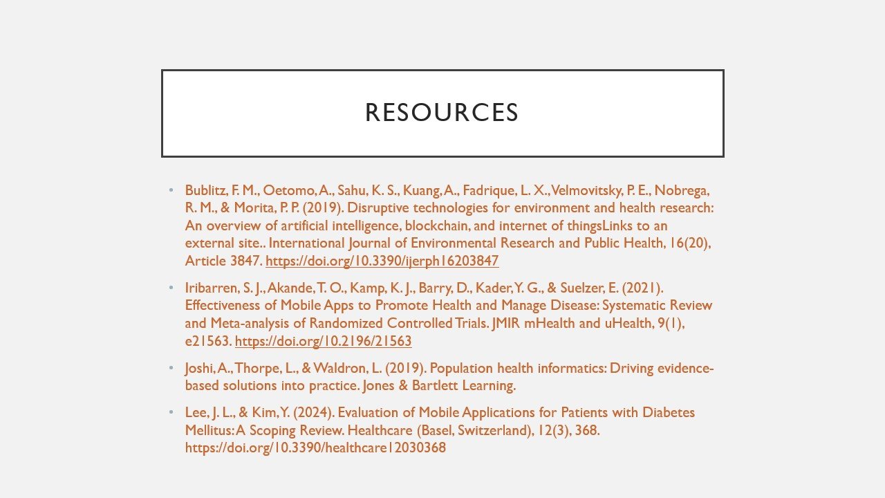 A slide titled 'Resources' listing four academic references related to health research and technology, formatted in a bullet point list.