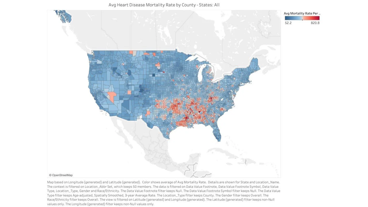 Map of the United States displaying average heart disease mortality rates by county, with a color gradient from blue to red indicating lower to higher rates.
