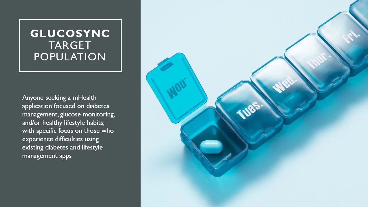 A weekly pill organizer with a pill inside, and a text box on the left side, discussing the target population for a diabetes management app.