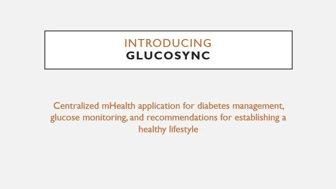 Slide introducing GlucosyNc, a centralized mHealth application for diabetes management, glucose monitoring, and healthy lifestyle recommendations.