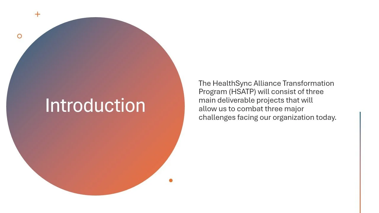 Slide with a large gradient circle containing the word 'Introduction' and text explaining the HealthSync Alliance Transformation Program (HSATP) and its main projects.