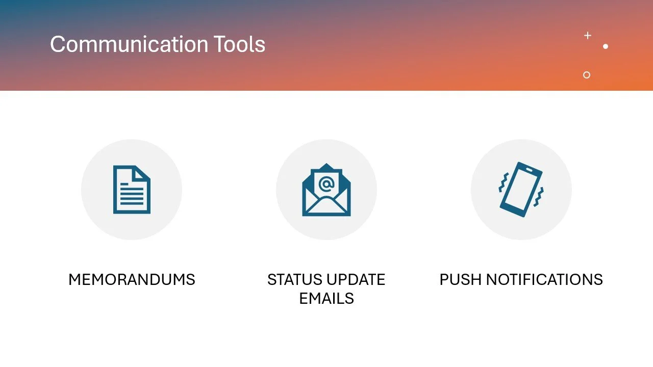 A digital interface screen showing three icons for communication tools: a memo with text labeled 'MEMORANDUMS,' an envelope with a check mark labeled 'STATUS UPDATE EMAILS,' and a vibrating mobile phone labeled 'PUSH NOTIFICATIONS'.