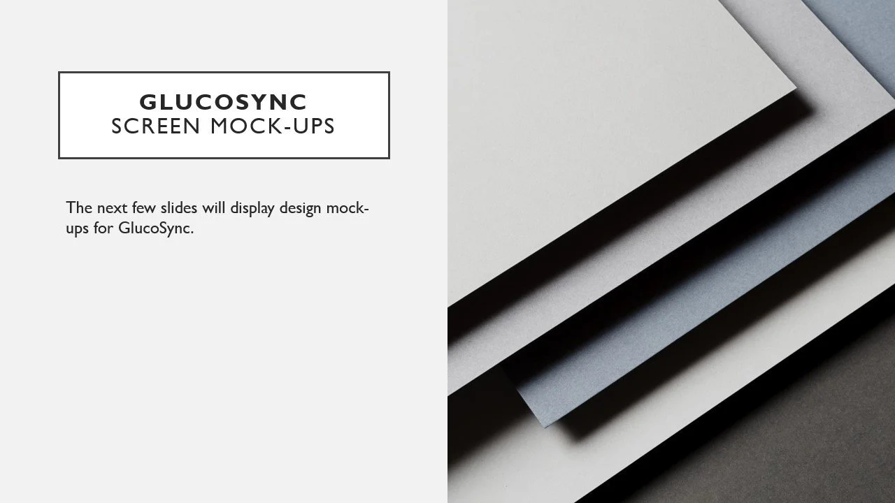 Slide from a presentation titled 'GlucoSync Screen Mock-Ups' with a gray gradient background and layered black, white, gray, and navy paper or material pieces on the right.
