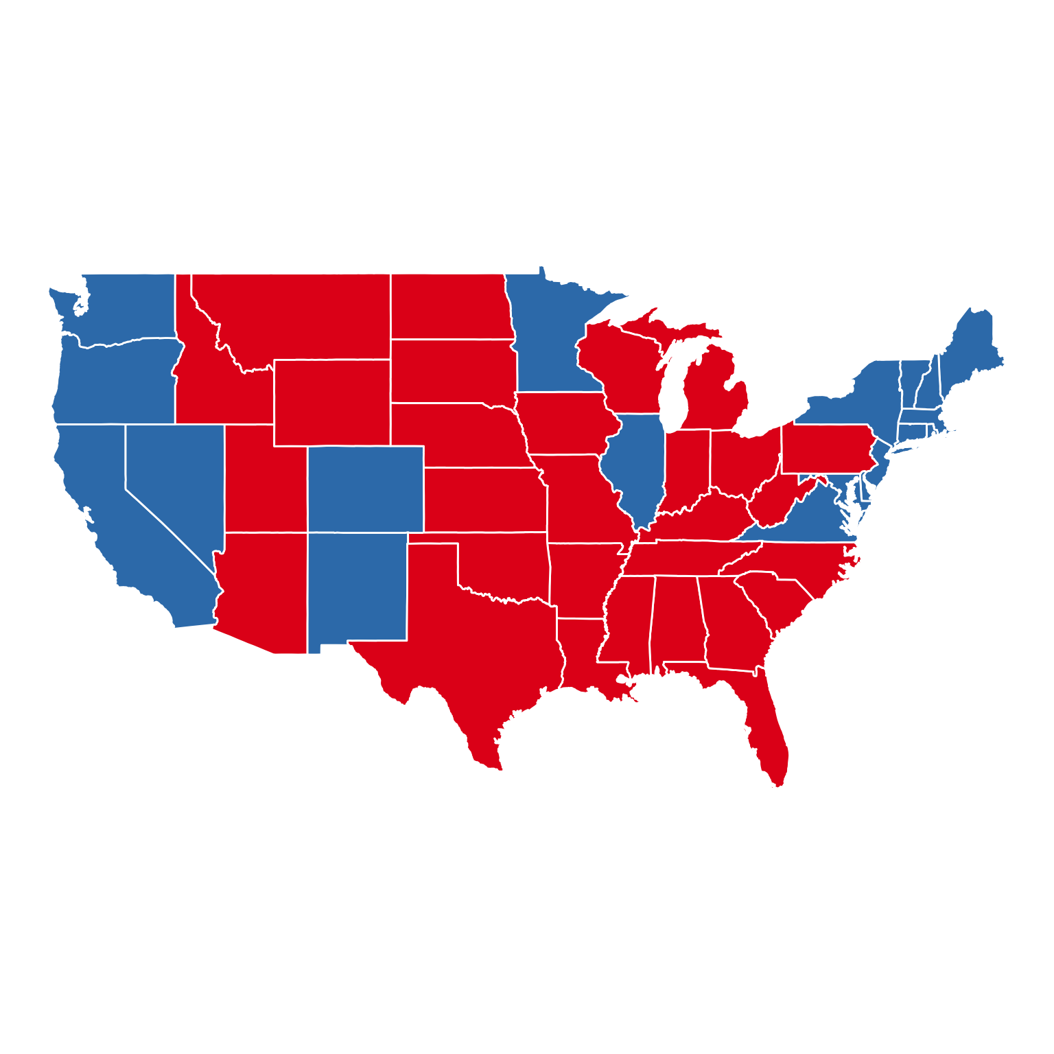 Map of the United States with states colored in red and blue, representing political voting patterns.