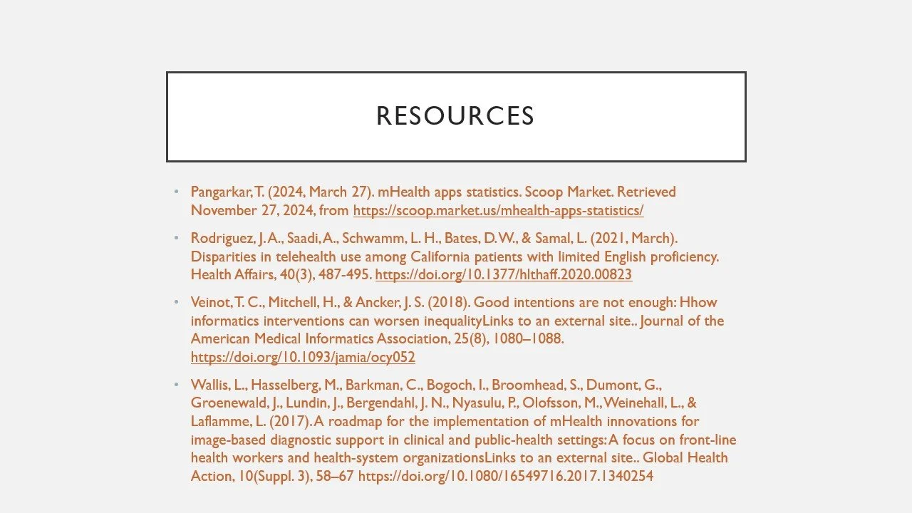 A slide displaying a list of academic references under the heading "Resources".