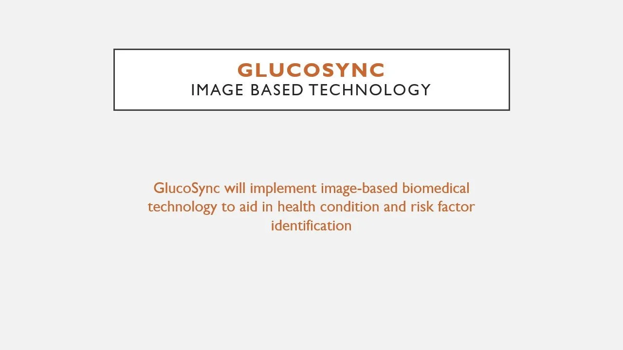 Slide titled 'GlucoSync' about image-based biomedical technology for health risk assessment.