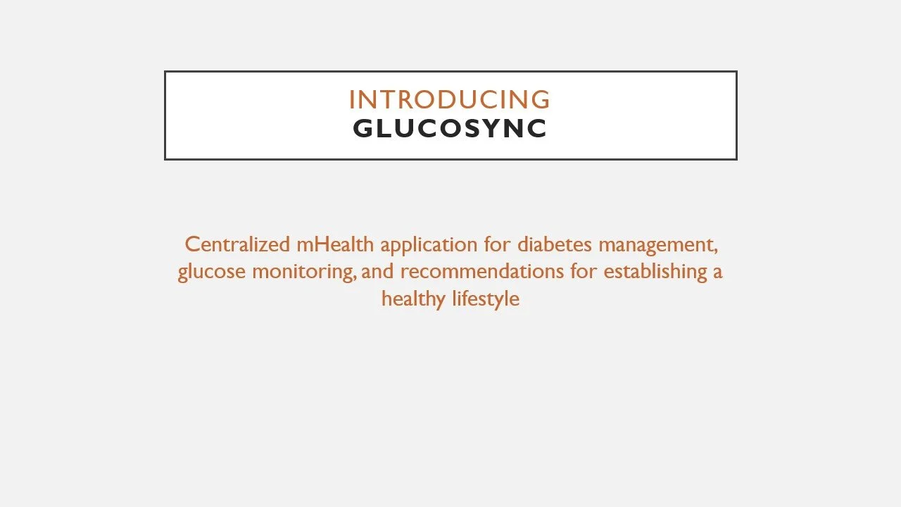 Slide titled 'Introducing Glucosync' with a subtitle about a centralized mHealth app for diabetes management, glucose monitoring, and healthy lifestyle recommendations.