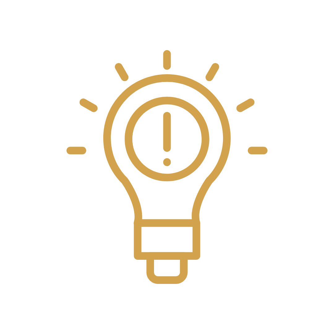 A stylized light bulb icon with an exclamation mark inside, surrounded by lines indicating illumination.