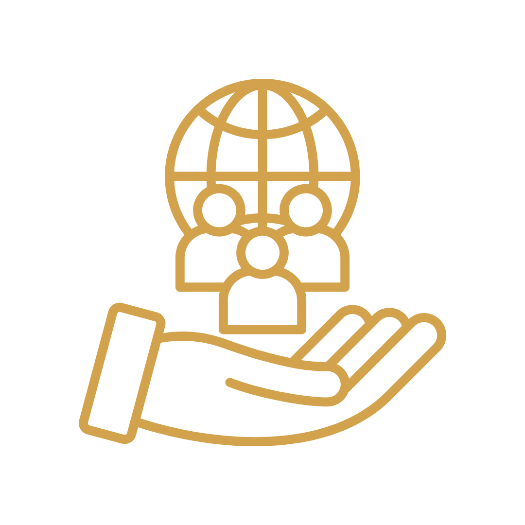 A gold outline of a hand holding a group of three people with a globe behind them on a black background.