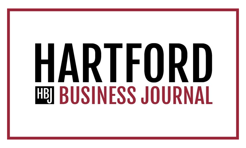 Logo of Hartford Business Journal with bold black text saying "Hartford" and smaller black letters "HBJ" inside a black square, followed by bold maroon text "Business Journal".