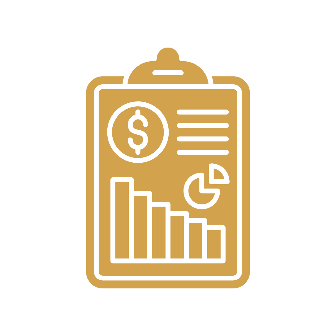 Gold-colored icon of a clipboard with financial charts, a dollar sign, and data analysis elements.