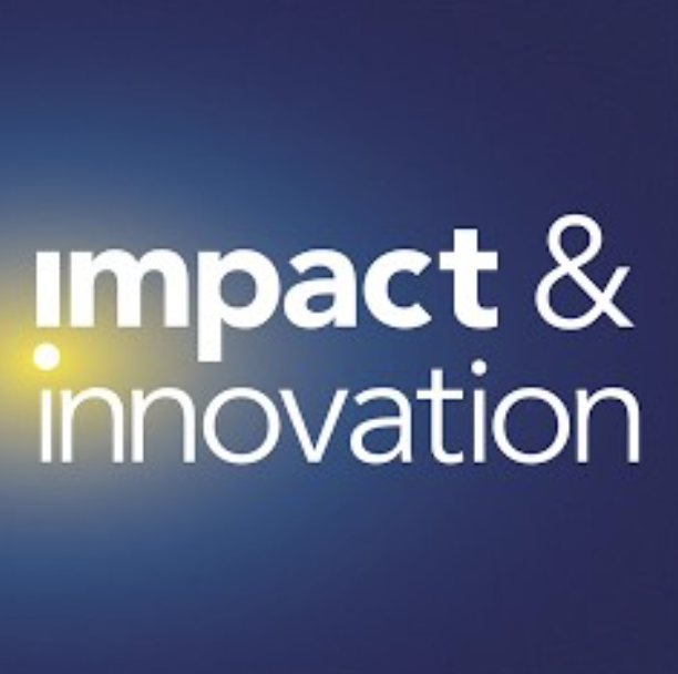 Two people engaged in a podcast or interview, seated in armchairs facing each other with microphones, in front of a blue background displaying the words 'impact & innovation'.