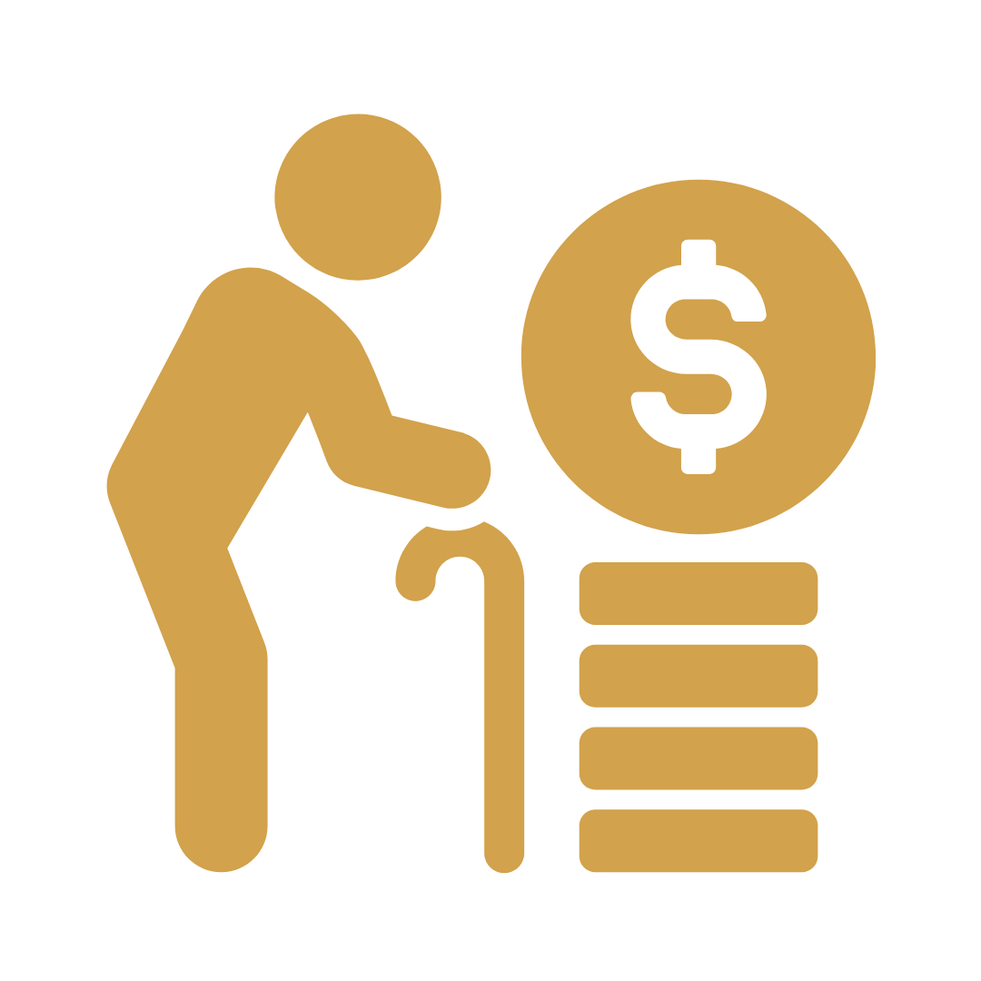 Icon of an elderly person with a cane and a stack of coins with a dollar sign, representing retirement savings or financial planning for seniors.