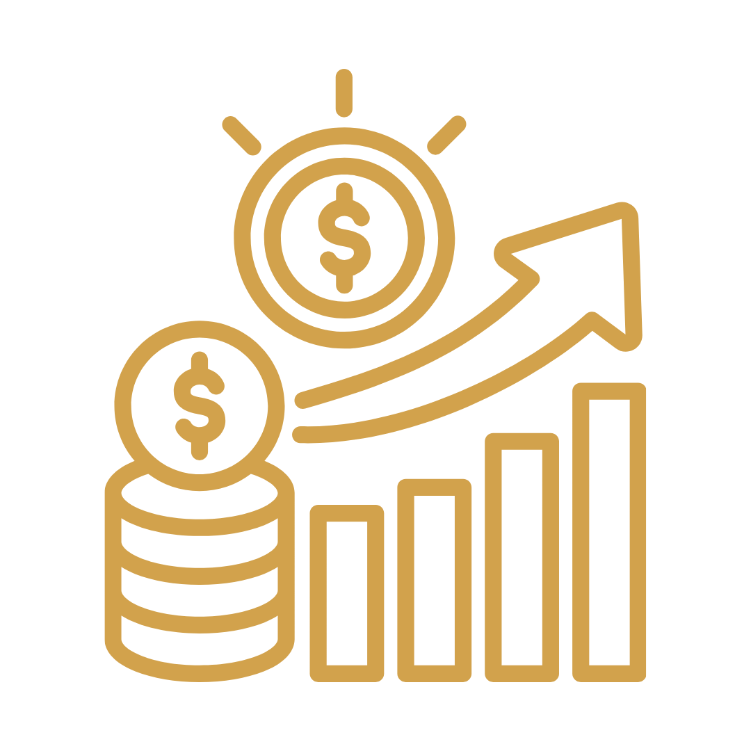 Gold line icon of stacked coins, dollar signs, a rising arrow, and a bar graph indicating financial growth or investment.