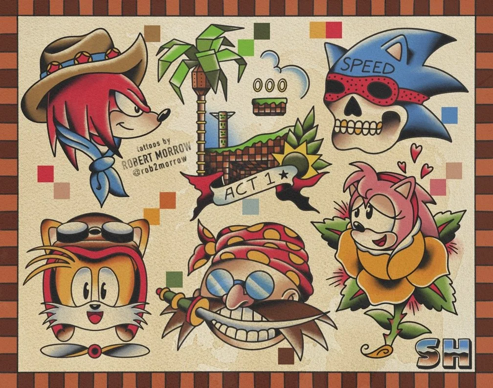 A collage of colorful cartoon characters and symbols, including a cat with glasses, a smiling face with sunglasses, a flower with a cheerful face, a skull with sunglasses labeled "Speed," a cactus, a banner reading "Act 1," and pixel art elements, al