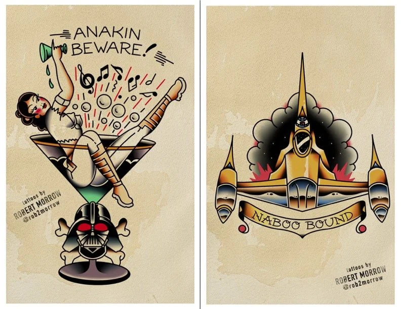 Tattoo artwork with two designs. The left design shows a woman falling into a martini glass, with musical notes and the text 'Anakin Beware!'. Below her, a Darth Vader mask with red eyes. The right design features a stylized spaceship with flames, wi