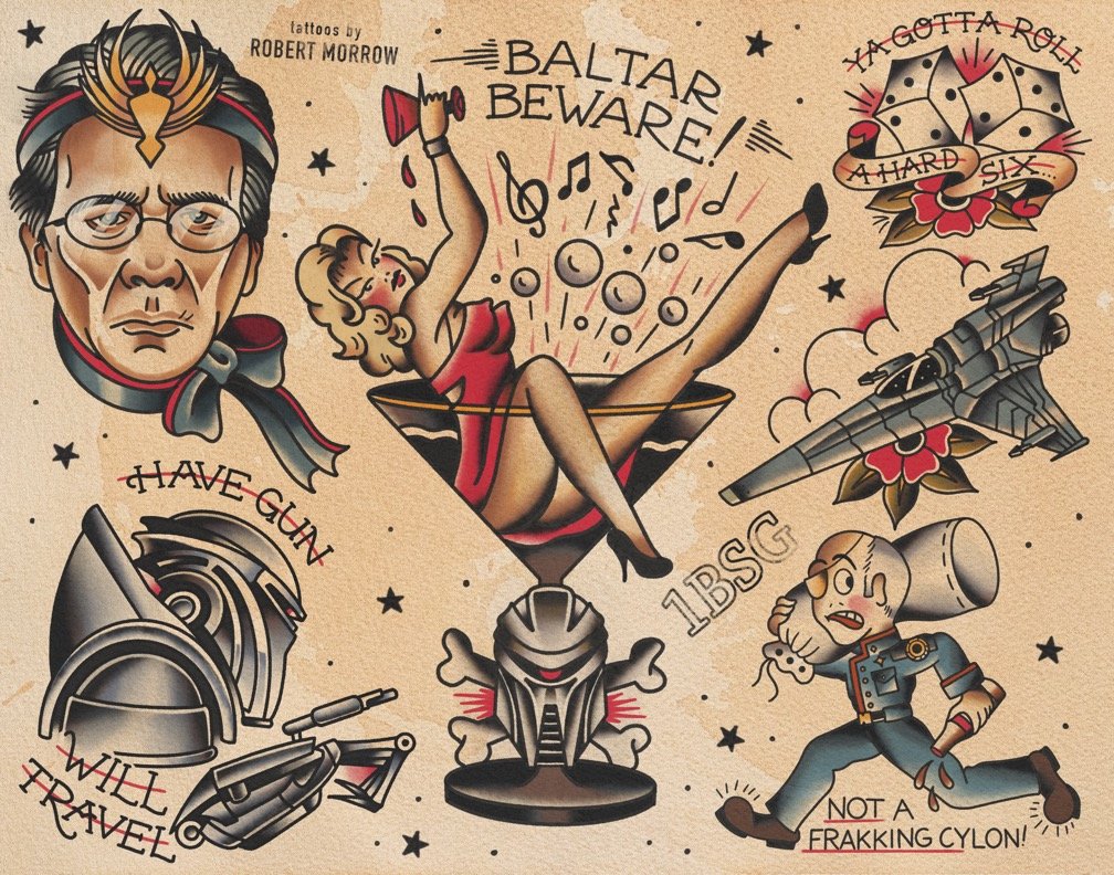 Vintage tattoo-style illustration featuring a man with glasses and a headband, a pin-up girl in a martini glass, a sci-fi fighter jet, a skull with headgear, a robotic skull, a missile, a medal, and various tattoo-style text and designs.