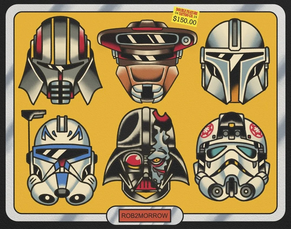Sticker sheet featuring seven stylized Star Wars helmet designs, including Darth Vader, Boba Fett, and Stormtroopers, on a yellow background.