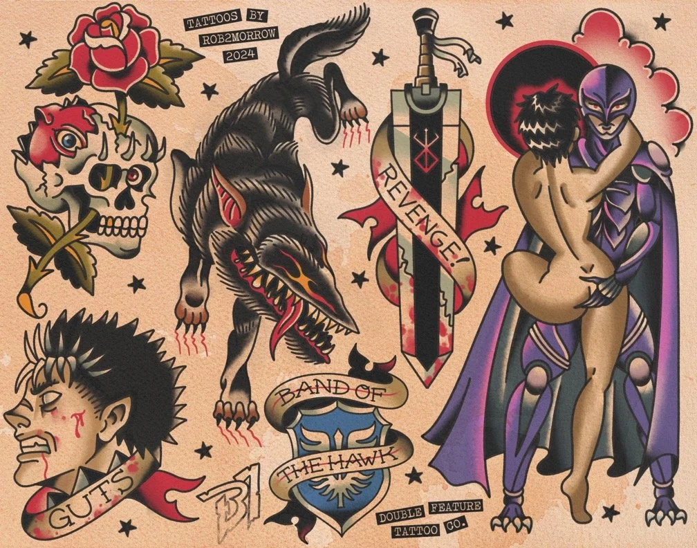 A collection of colorful tattoo-style illustrations including a skull with a rose, a fierce dog, a sword with the words "Revenge!", a woman and a creature embracing, a screaming man's face, and various banners and symbols.