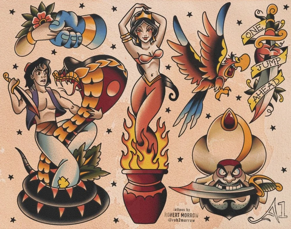 A collection of traditional tattoo-style illustrations including a hand with a flower and bandages, a woman with a crown and flames, a snake coiled around a woman's leg, a fierce eagle, a banner with text, and a grinning pirate skull with a sword.