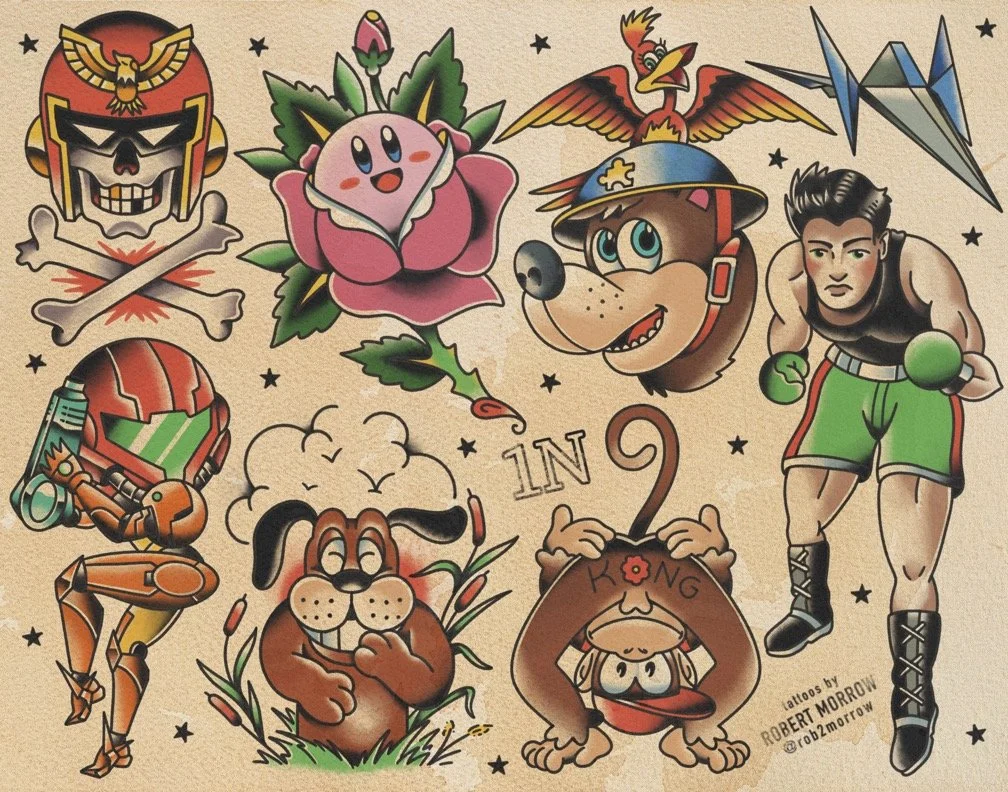 A collage of colorful tattoo-style characters including a skeleton with a skull helmet, a pink Pokémon with a green leaf crest, a flying bird, a cartoon dog with a firefighter hat, a muscular boxer, a helmeted soldier, a girl with curly hair, a monke