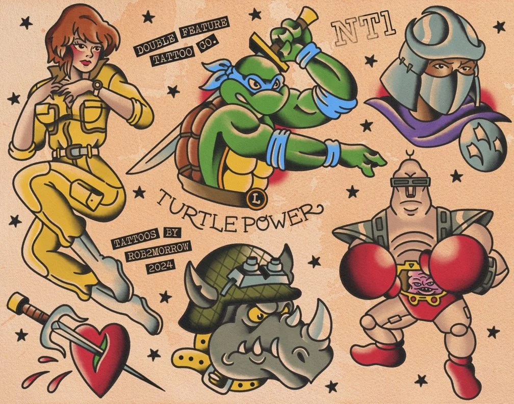 Colorful illustration of Teenage Mutant Ninja Turtles characters, including Leonardo, Donatello, Raphael, and Michelangelo, with a woman in yellow, a rat, and a robotic figure, with text reading "Double Feature Tattoo Co." and "Turtle Power."